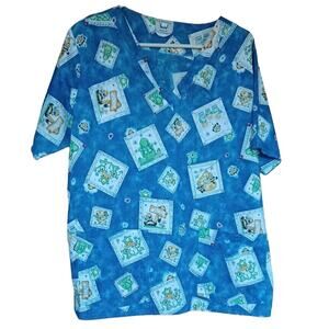 COTTONALITY Scrub Top Women's L Spring Summer Print Turtles Bees Frogs Colorful
